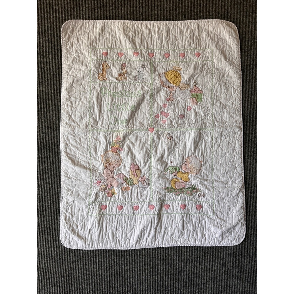 Vintage Precious Moment Embroidered Retro 90s Heirloom Baby Shower Blanket